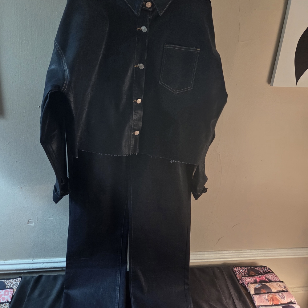 Dark Navy Coated Denim Jacket and Pants Set